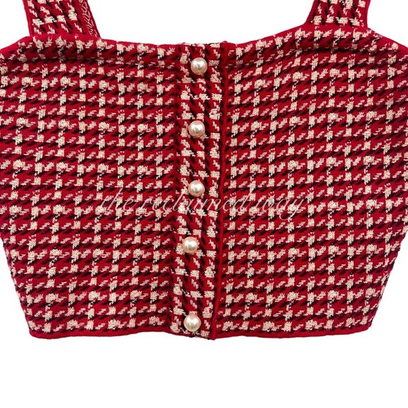 Sandro Tweed Matching Set Two Piece Daniella Crop Top Blandine Skirt Red Pearls - Picture 9 of 15